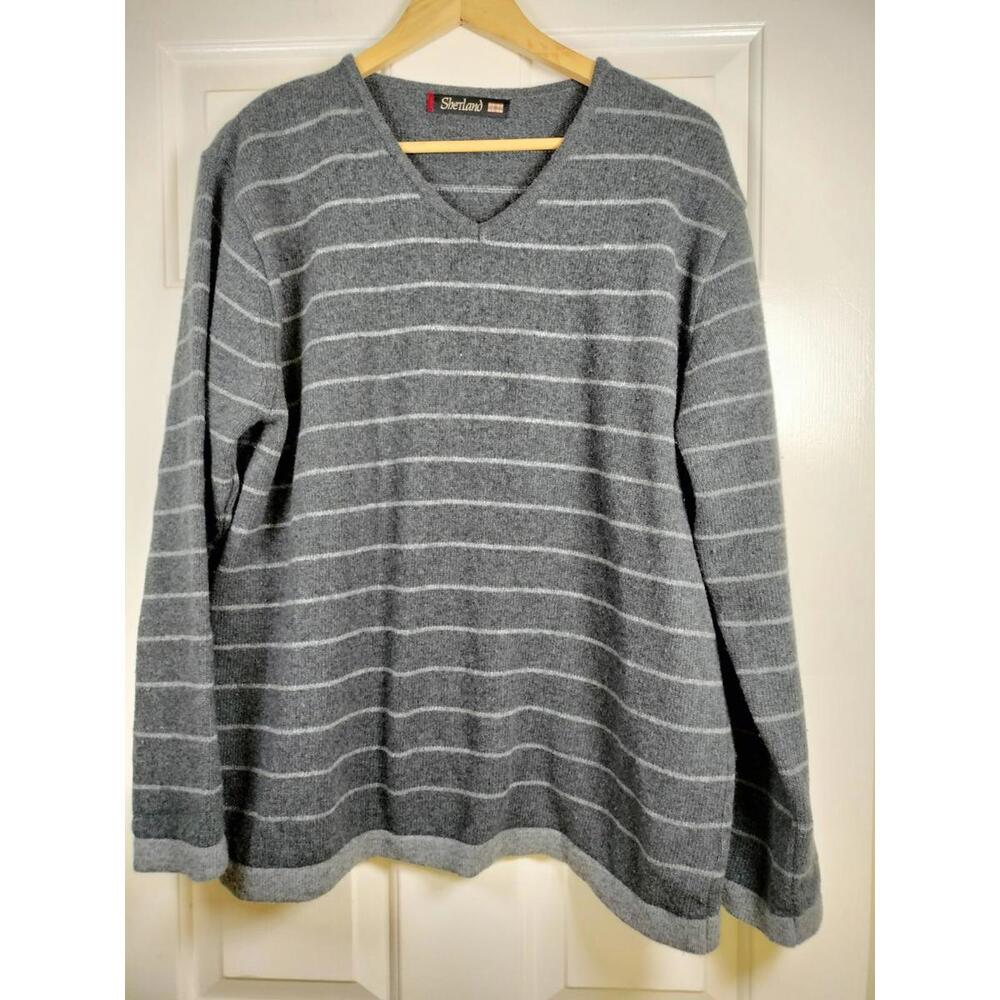 Vintage Sherland Lambswool Blend Striped Sweater Grey V-Neck Large Grandpacore